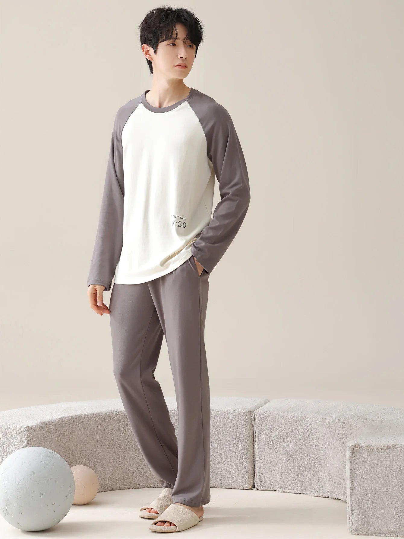 Men's 100% cotton long sleeved four season plus size men's sleepwear, teenage pure cotton home suit set for warmth