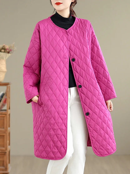 Korean Japanese High End plus Size Cotton Jacket Women's Casual Versatile Diamond Pattern Mid-Length  Color round Neck Coat