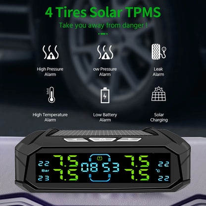 E-ACE Solar TPMS Car Tire Pressure Monitoring System Digital Clock Wireless Alarm Sensor 0-116psi Auto Safety for Cars Trucks