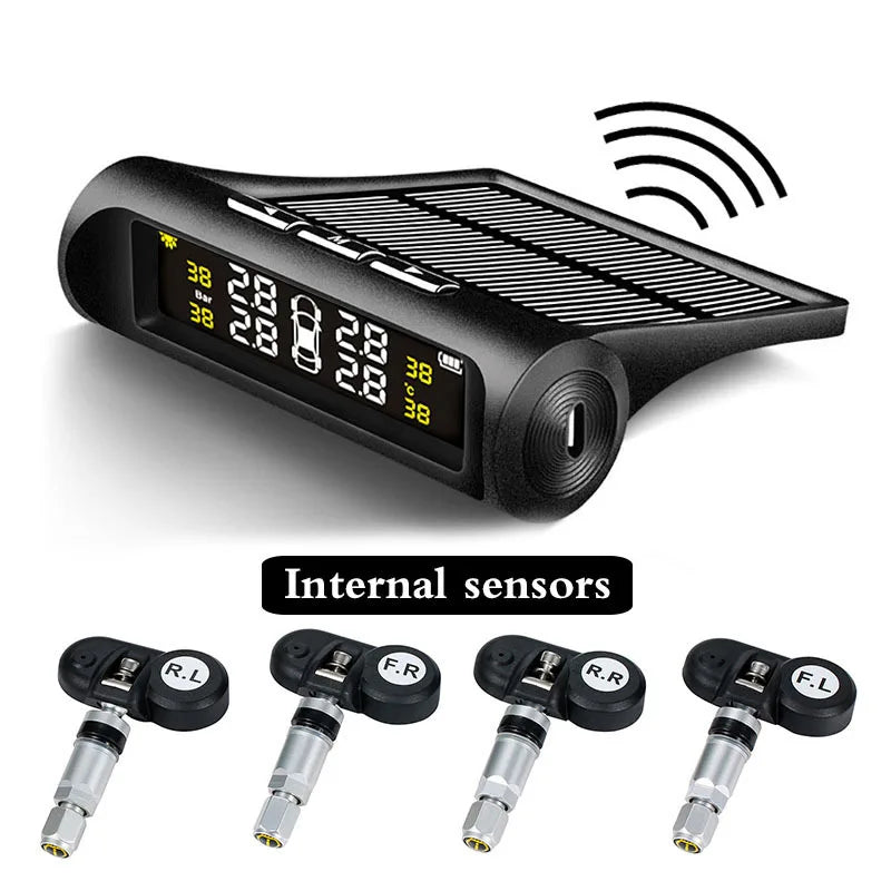 Solar Car TPMS, LCD Display Tire Pressure Monitor with USB Charging, External/Internal Sensor, Auto Alarm, Digital TPMS for Car
