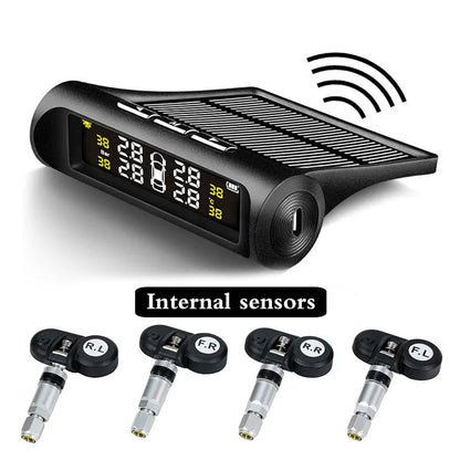 Solar Car TPMS, LCD Display Tire Pressure Monitor with USB Charging, External/Internal Sensor, Auto Alarm, Digital TPMS for Car