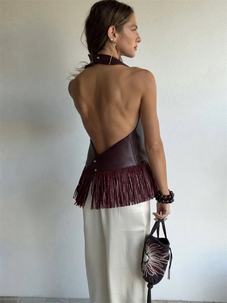 Tossy Female Tassel Backless PU Tank Top Sexy Patchwork Slim Summer 2026 New High Waist Commute Top Women's PU Leather Top Vest