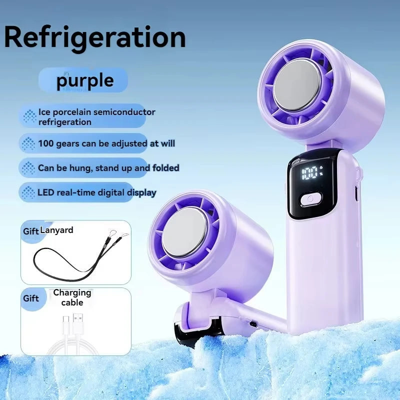 2025 Hanging Ice Pack Handheld High-speed Fan Folding 100 Speed Infinitely Adjustable Fan Portable For Outdoor Neck