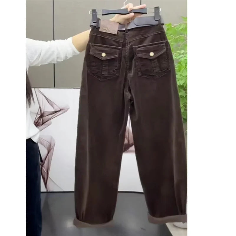 High Waist Cotton Corduroy Harlan Pants Slim Fit Casual Nine Point Knife  Straight Leg Crop Leisure Long Trousers