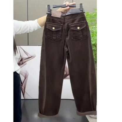 High Waist Cotton Corduroy Harlan Pants Slim Fit Casual Nine Point Knife  Straight Leg Crop Leisure Long Trousers