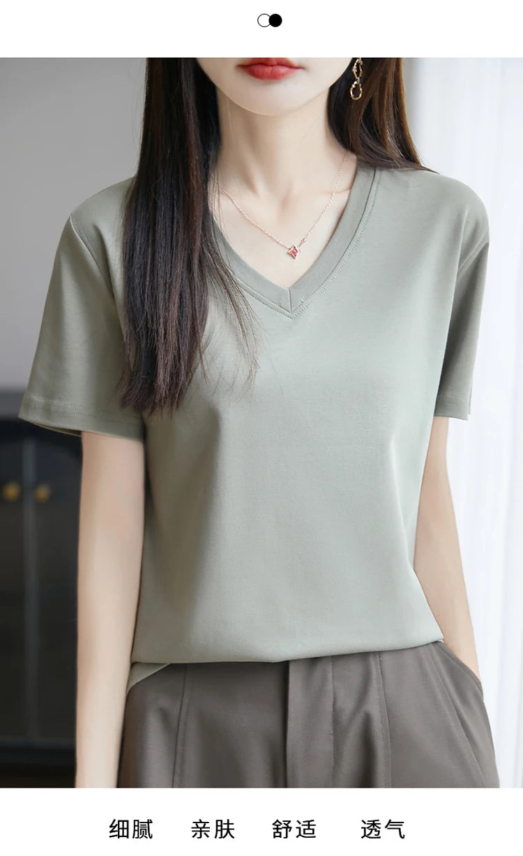 2026 Summer New Pure Cotton V-neck Short-sleeved T-shirt Women's Solid Color Joker Pullover Shirt with Loose Sleeve Bottom Shirt