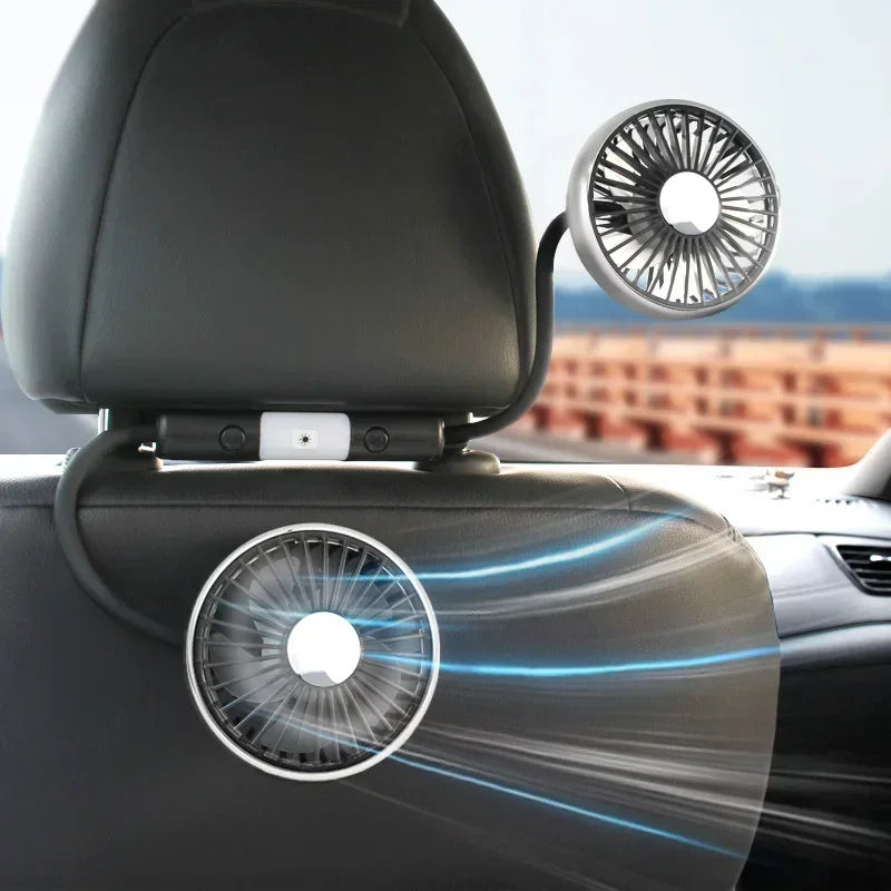 360° Rotation Double Head Car Back Seat Fan 3-speed Wind Adjustment USB Auto Cooling Fans for Summer Car Accessorie