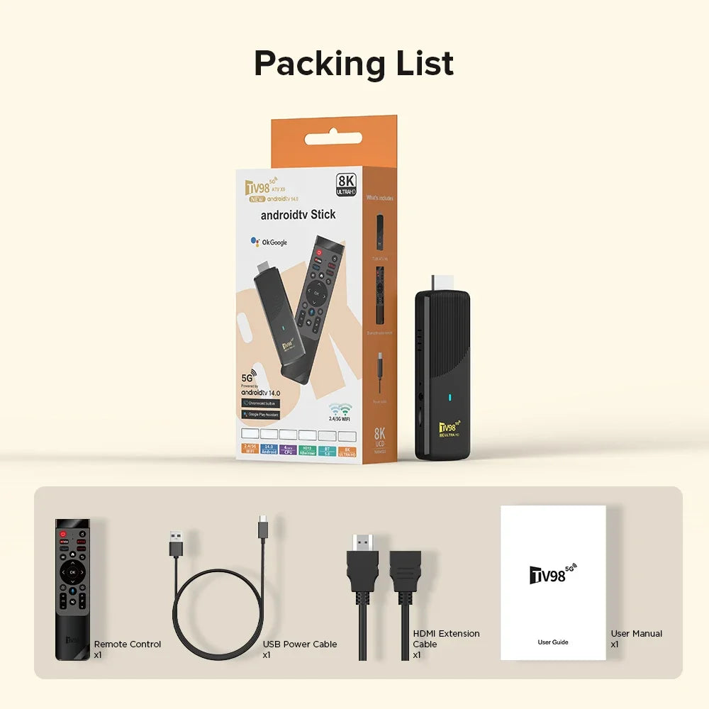 TV98 ATV X9 Smart TV Stick Android14 Allwinner H313 OTA 8GB 128GB Support 8K 4K Media Player 4G 5G Wifi6 HDR10 Voice Remote iptv