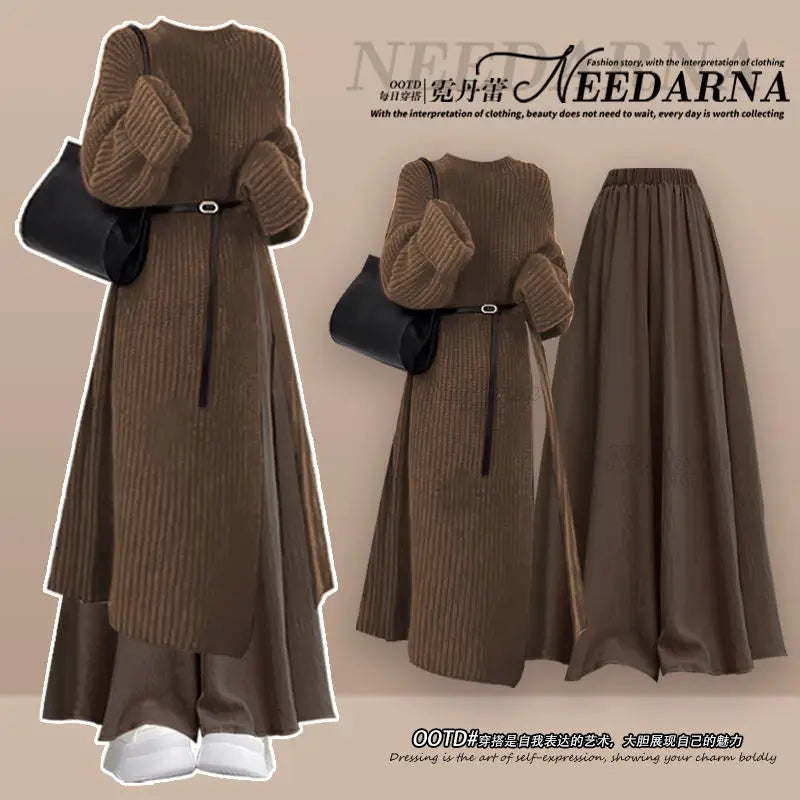 Fall Fashion High Waist Knitted Sweater Long Skirt Wide Leg Pants Two Piece Set Elegant Sweet Style plus Size Women's Suit