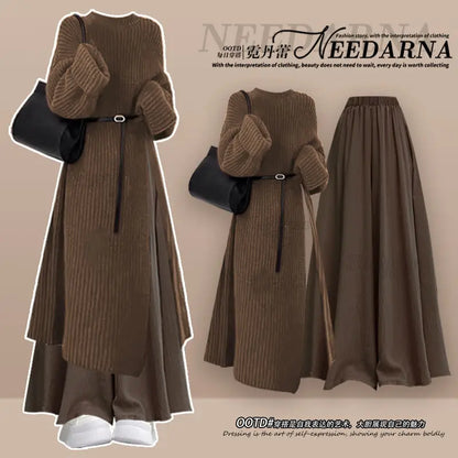 Fall Fashion High Waist Knitted Sweater Long Skirt Wide Leg Pants Two Piece Set Elegant Sweet Style plus Size Women's Suit