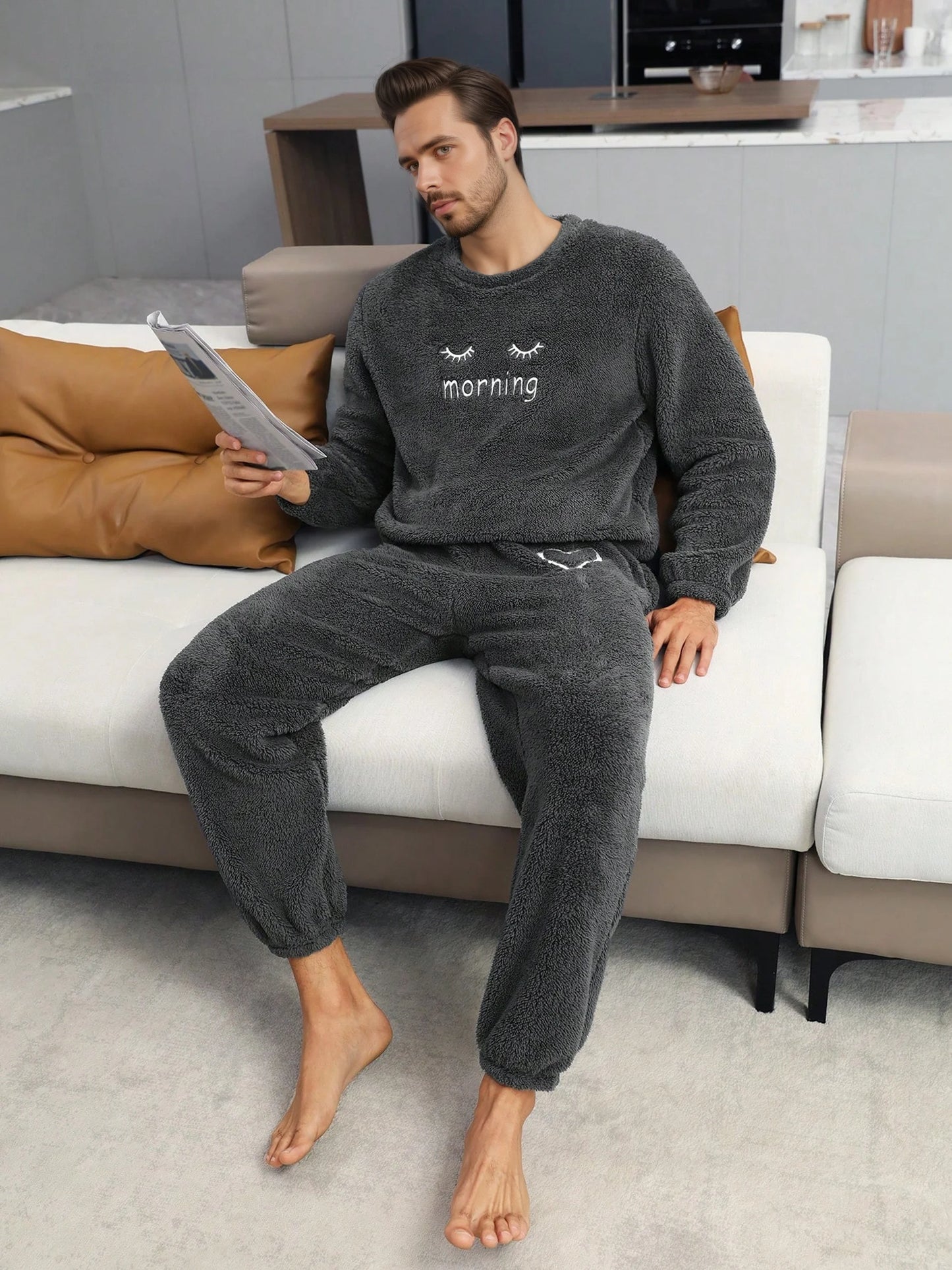 Men'S Flannel Pajamas Set Warm Loungewear Set Embroidery Eyelash Cozy Clothing Thickened Loungewear Soft Comfortable Home Wear
