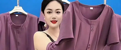 Summer 2026 Fashionable Mommy Set Women's Loose Belly Covering Slimming Two-Piece Suit High-End  Color Casual Wear