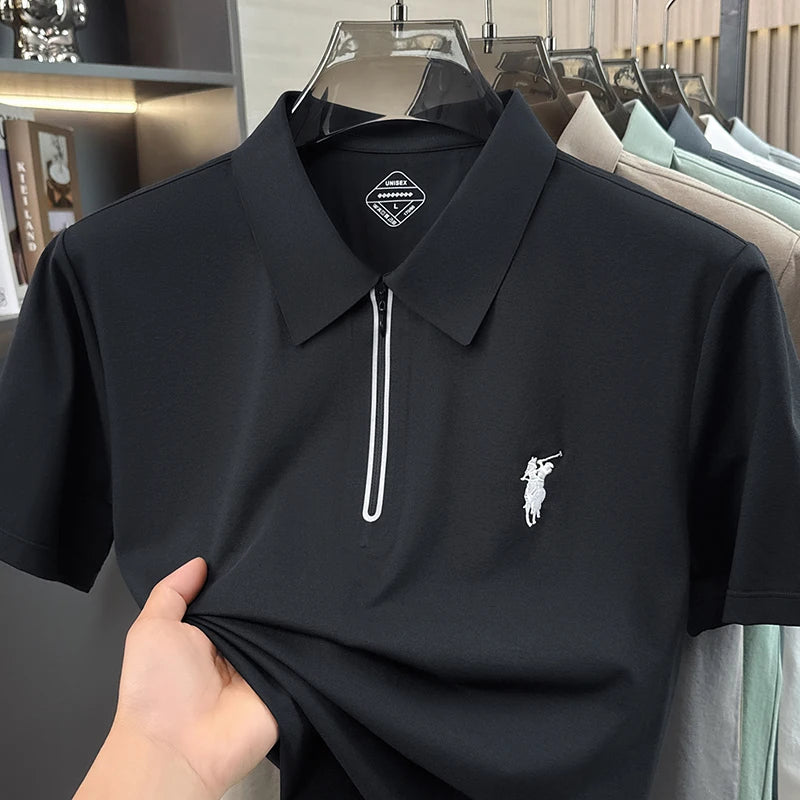 Summer New Ice Silk Cool Short Sleeved Polo Shirt, Skin Friendly, Breathable, Lapel Zipper, Business Casual T-shirt for Men