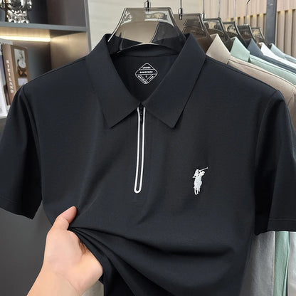 Summer New Ice Silk Cool Short Sleeved Polo Shirt, Skin Friendly, Breathable, Lapel Zipper, Business Casual T-shirt for Men