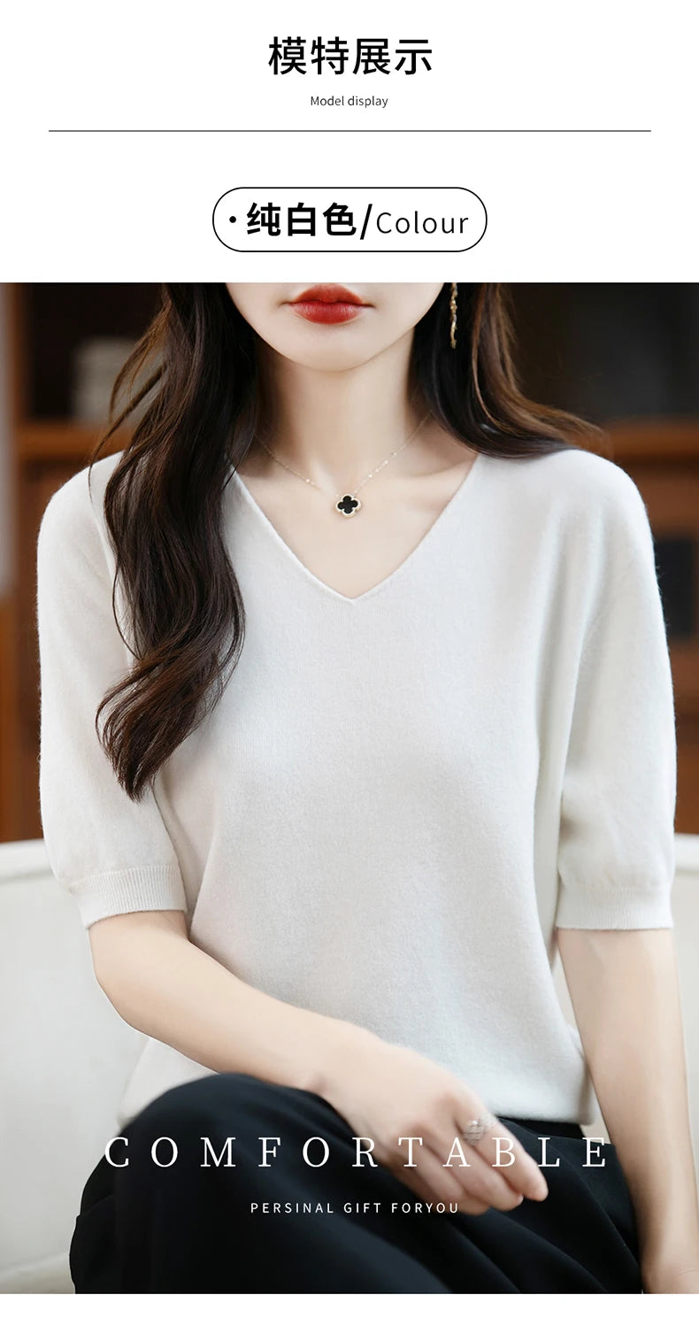 Thin Worsted Wool Short-Sleeved Women's Loose Round Neck T-shirt Printed Summer Fashion Knitted Bottoming Shirt Half-Sleeved