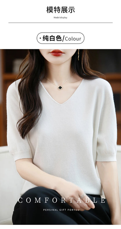 Thin Worsted Wool Short-Sleeved Women's Loose Round Neck T-shirt Printed Summer Fashion Knitted Bottoming Shirt Half-Sleeved