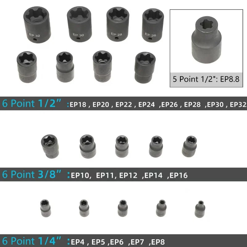 External Torx Plus Socket Set 5 and 6 Point Socket EP4, EP5 - EP32 1/2'' 3/8'' 1/4''  for Tesla Battery Pack Screw Removal Tool