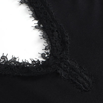 Women Black Lace Trim Bodysuit Elegant V-Neck Sleeveless Tank Top Slim Fit Sexy Bodycon Jumpsuit Basic Summer Bodysuits