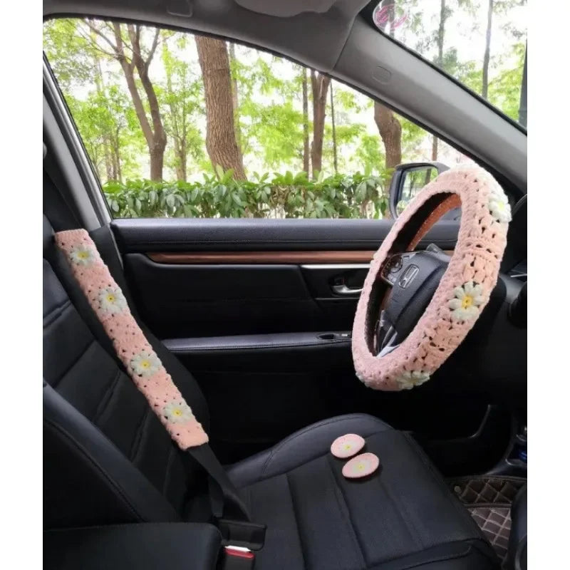 Warm Anti-Slip Hand Crocheted Flower Car Steering Wheel Cover Simple Stylish Winter Car Decor Safe Driving Seat Belt Accessory