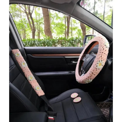Warm Anti-Slip Hand Crocheted Flower Car Steering Wheel Cover Simple Stylish Winter Car Decor Safe Driving Seat Belt Accessory