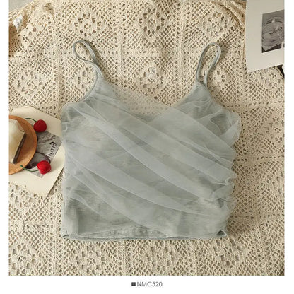 Sexy Mesh Splice Crop Top Backless Design Pure Color Strap Vest for Women Trendy Slimming Short Style Summer Fashion