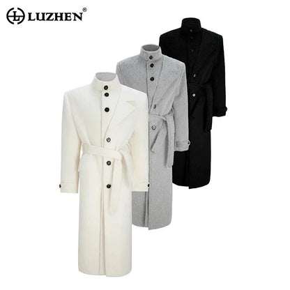 LUZHEN 2025 Winter New Solid Color Belt Tie Up Waist Knee-length Windbreaker Coat Men's Fashion Elegant Handsome Trench JY5451