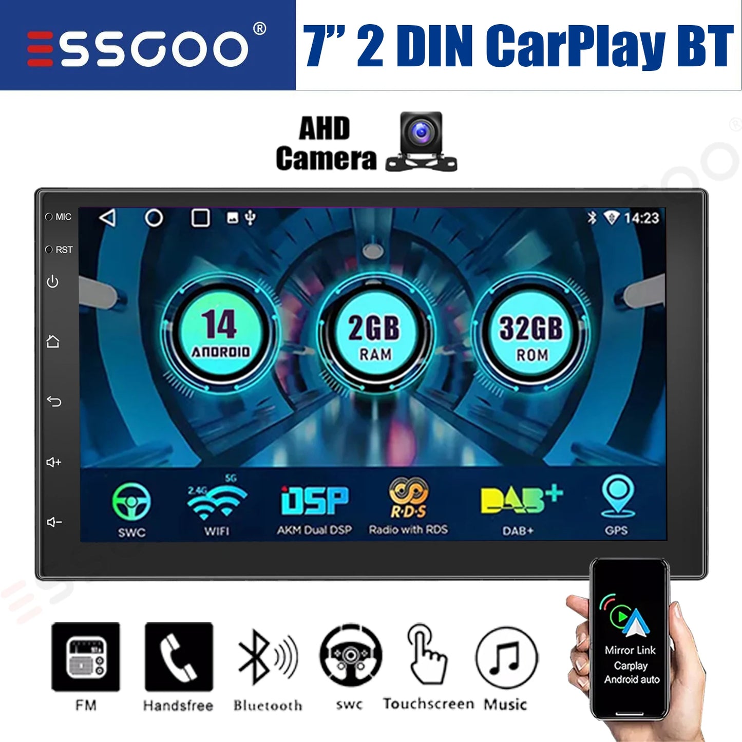 ESSGOO 7" Car Stereo Radio Double 2DIN Android 14 CarPlay Touch Screen 4+64G GPS Navigation Wifi FM/RDS Bluetooth SWC DVR&Camera