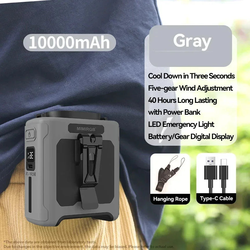 10000mAh Waist Fan Wearable Waist Fan 5 Speeds & Light 40H Hands-Free Cooling for Outdoor Jobsite Travel Long range for outdoor