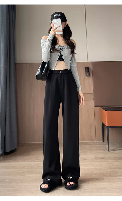 Seoulish Autumn Elegant Women's Wide Leg Pants 2024 New Korean Solid Button Casual Loose Office Full Length Trousers Female