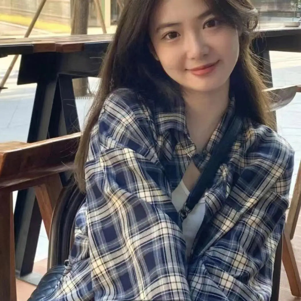 Retro Loose Lazy Plaid Shirt Women Early Autumn New Korean Version Casual Simple Long Sleeve Outer Commute Small Shirt