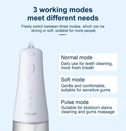 Fairywill Cordless Water Flosser 3 Modes And 2 Replaceable Nozzles 300Ml Detachable Water Tank Ipx7 Waterproof Oral Irrigator