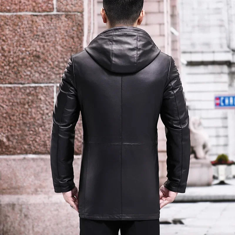 AYUNSUE Winter Jacket Men's Genuine Leather Coats Men Hooded Midi-length Windbreaker Trench Coat Male Real Leather Down Jacket