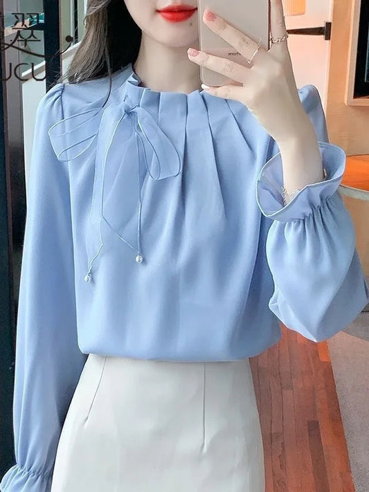 Retro Bow Tie Long Sleeve Shirt Women's Autumn New Design Elegant Top Korean Style Loose Fit round Neck  Color