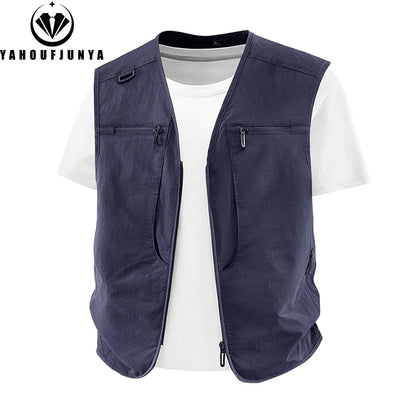 2026 Summer Men Sleeveless Outdoor Cargo Leisure Work Vest Men Pocket Solid Color Fishing Camping Thin Vest Male Waistcoat 8XL