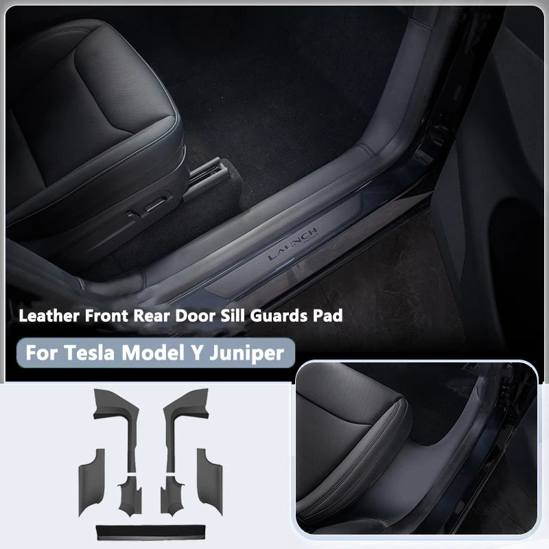 Front Rear Door Sill Protection Pads For Tesla Model Y Juniper Leather Threshold Bumper Strip Guards Anti-kick Pad Accessories