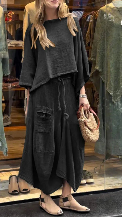 2024 Autumn Fashion New Women's Cotton and Linen Loose Skirt Two-piece Set Solid Color Irregular Top Waist Pocket Skirt Set