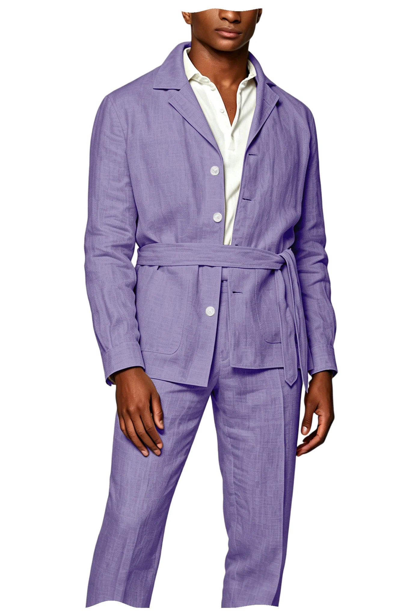 Men's Linen Belted Suit 2 Piece Set Casual Breathable Blazer & Pants Summer Lightweight Business Casual Outfit for Wedding Beach