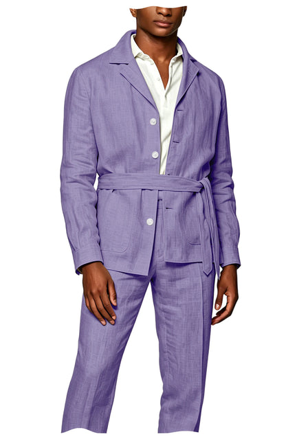 Men's Linen Belted Suit 2 Piece Set Casual Breathable Blazer & Pants Summer Lightweight Business Casual Outfit for Wedding Beach