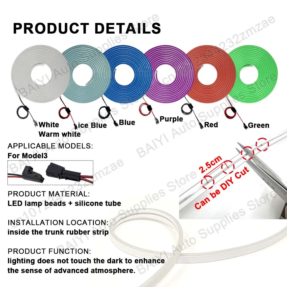 For Tesla MODEL 3 highland Car trunk light bar, Plug & play Rear luggage decoration lights, LED Car interior atmosphere light
