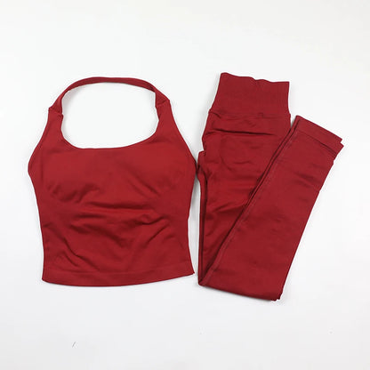 Women's Halter Neck Backless Yoga Set Seamless 2-Piece Outfit Ribbed High-Waist Scrunch Shorts Butt Lifting Gym Pilates Fitness