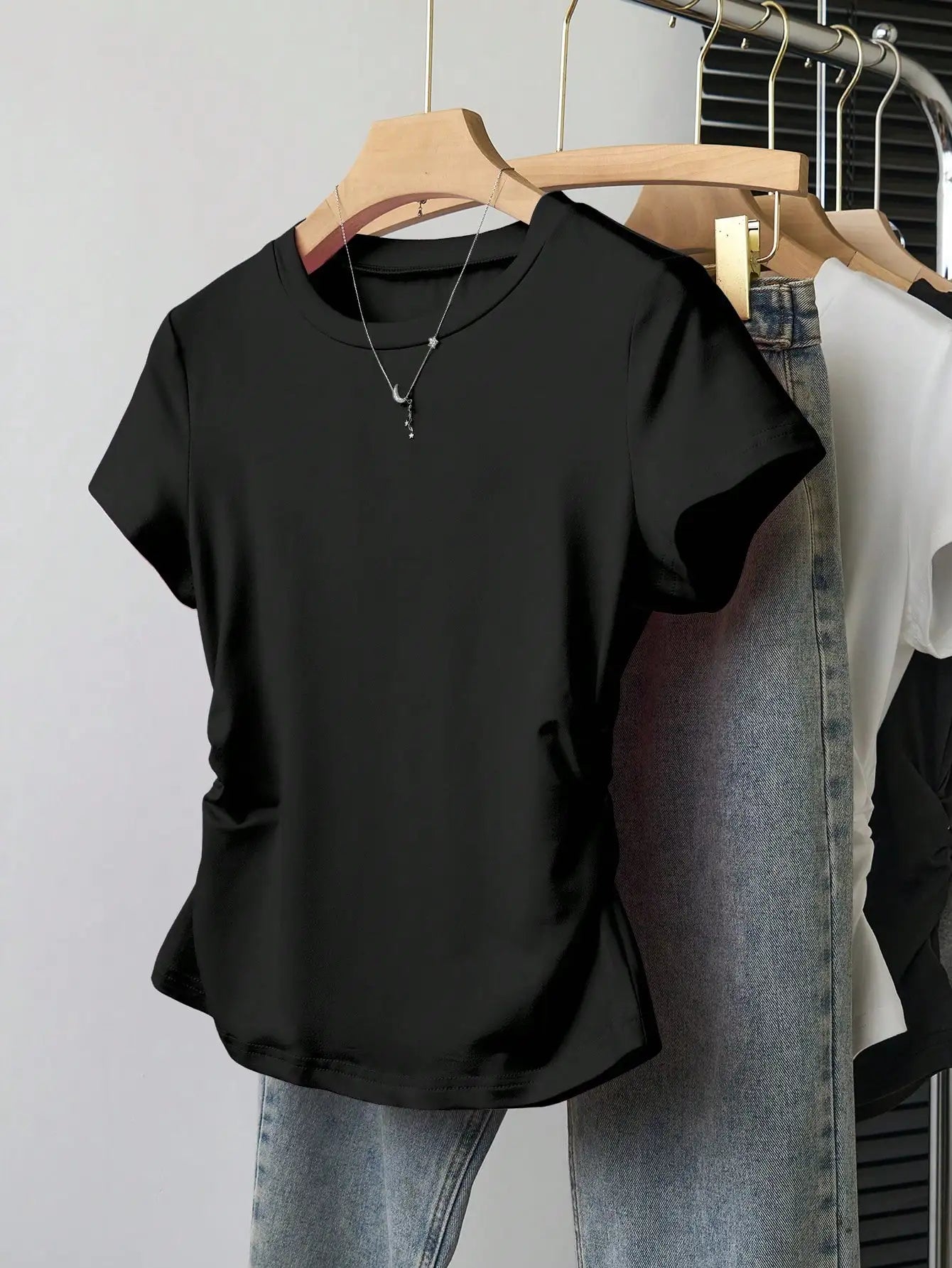 Women 3 Pack Solid Color T-Shirt Casual Ruched Side Crew Neck Short Sleeve Slim Fit Top Set