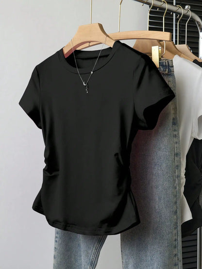 Women 3 Pack Solid Color T-Shirt Casual Ruched Side Crew Neck Short Sleeve Slim Fit Top Set