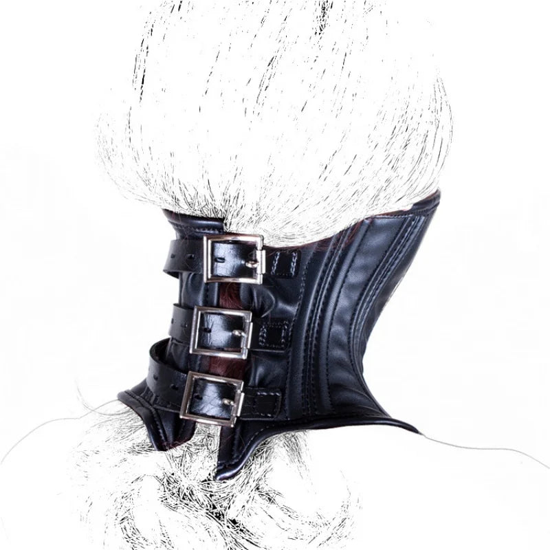 Sexy Wetlook Leather BDSM Bondage Collars with Unisex Lockable Half Face Mask for Fetish Neck Restraint Adult Games Sex Toys