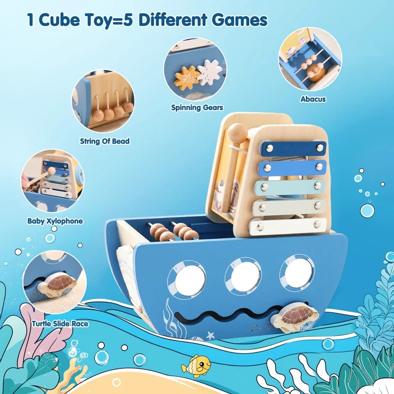 Baby Wooden Montessori Toys Cartoon Wooden Ship Multi-function Game Music Percussion Toy Sensory Educational Toys For  Newborns