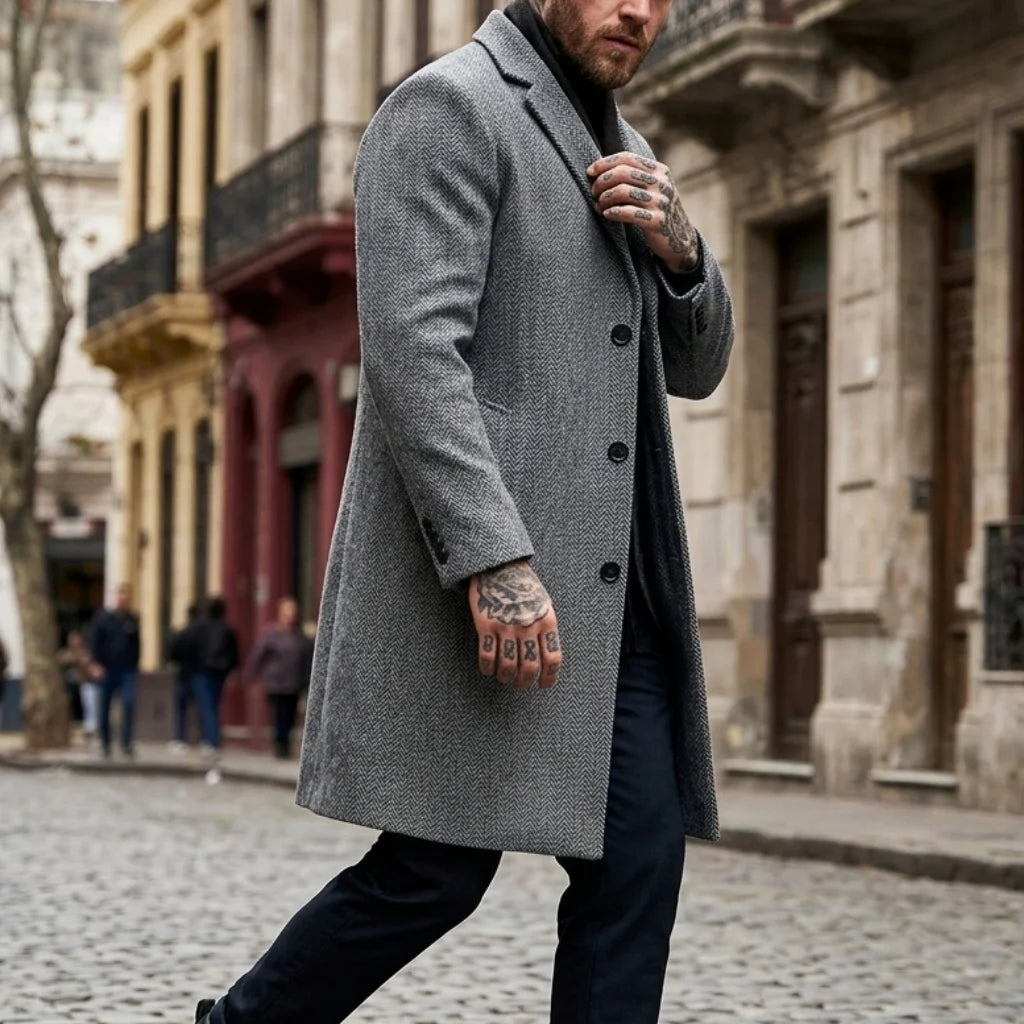 Fall/Winter Men's Striped Coat Street Casual Jacket Long Jacket Classic Pattern Wind Jacket Warm Outdoor Office Men's Clothing