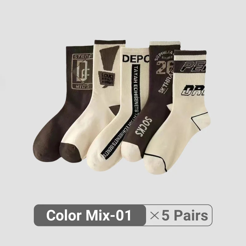 2/3/5/7/9 Pairs Men Women Mid-Calf Socks Moisture-Wicking Anti Odor Casual Sports Retro Basketball Graffiti Alphanumeric Socks