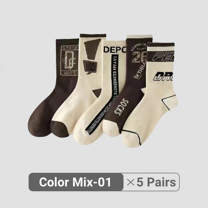 2/3/5/7/9 Pairs Men Women Mid-Calf Socks Moisture-Wicking Anti Odor Casual Sports Retro Basketball Graffiti Alphanumeric Socks