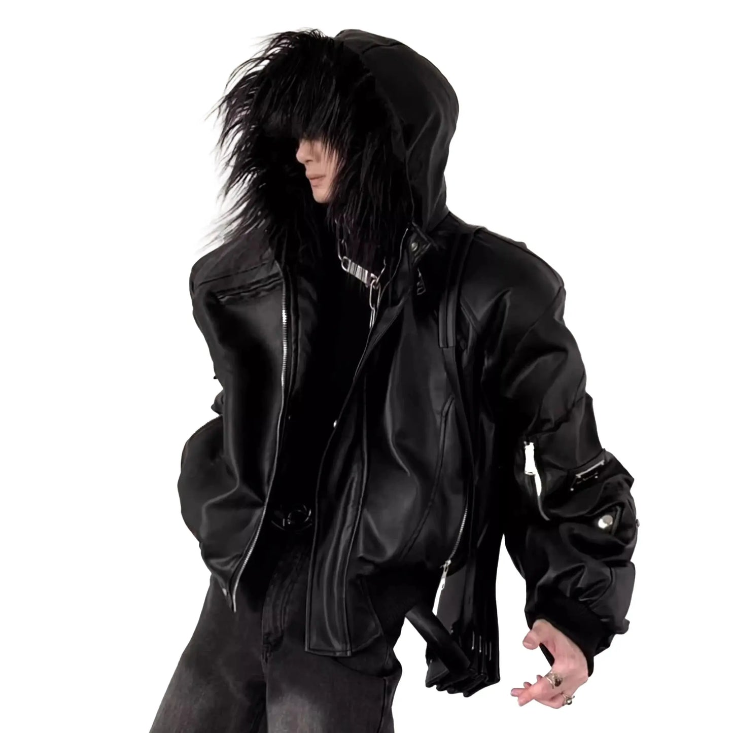 Mauroicardi Spring Autumn Cool Short Oversized Black Warm Pu Leather Jacket Men with Faux Fur Trim Hood Luxury Designer Clothes