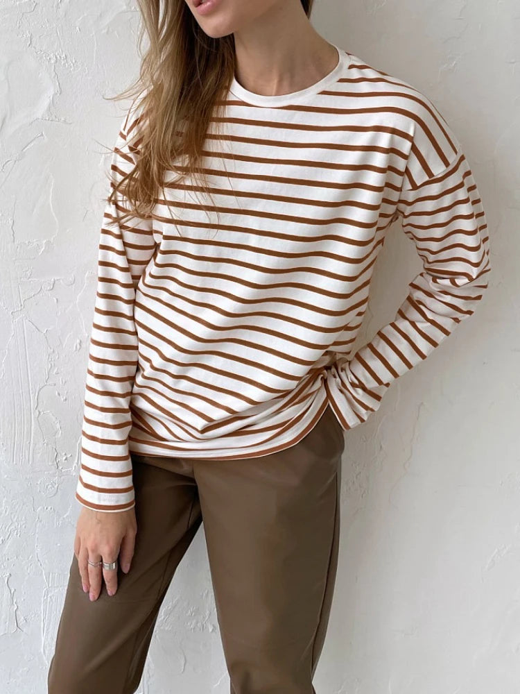 Bornladies 2025 Summer Long Sleeve Striped T-Shirts Women Basic Casual Tops Female Cozy Loose Cotton Tees Harajuku T Shirt New