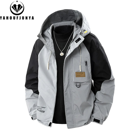9XL New Men Spring Outdoor Leisure Windbreak Hooded Jacket Men Autumn Cargo Pocket Fashion Brand Loose Jacket Coat Male Clothing